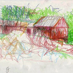 "Barn and Trees", January, 2007. Crayon and paper. 